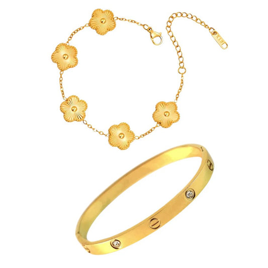 Cartier Love Bangle with Golden Clover Bracelet Stack Set